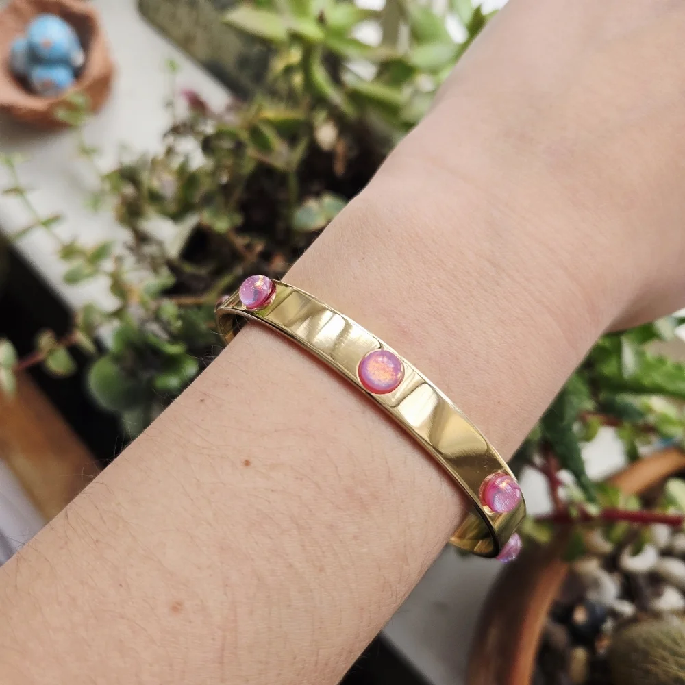 Vintage Gold Pink Triplet Opal Cabochon Bangle Bracelet